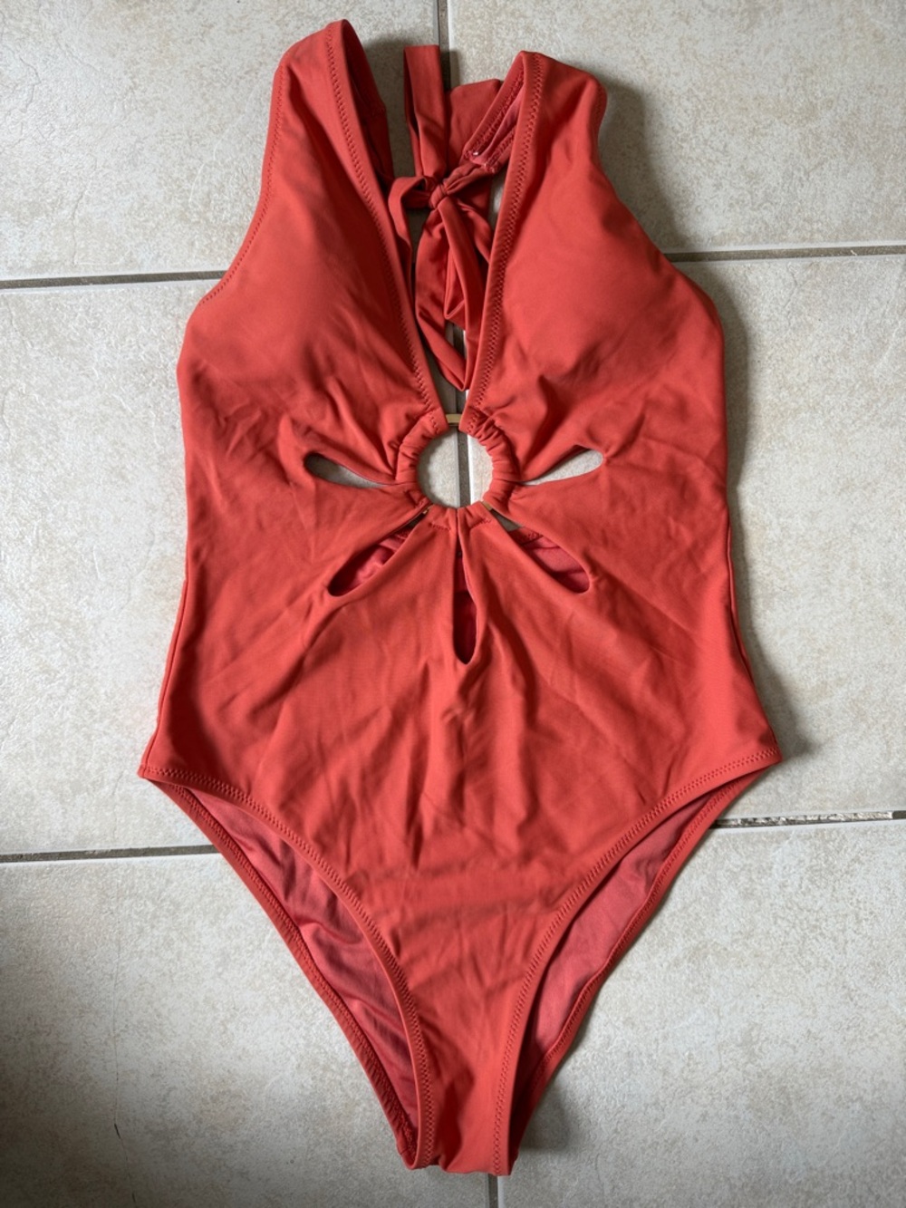 Retro Orange Cutout Halter One-Piece Swimsuit